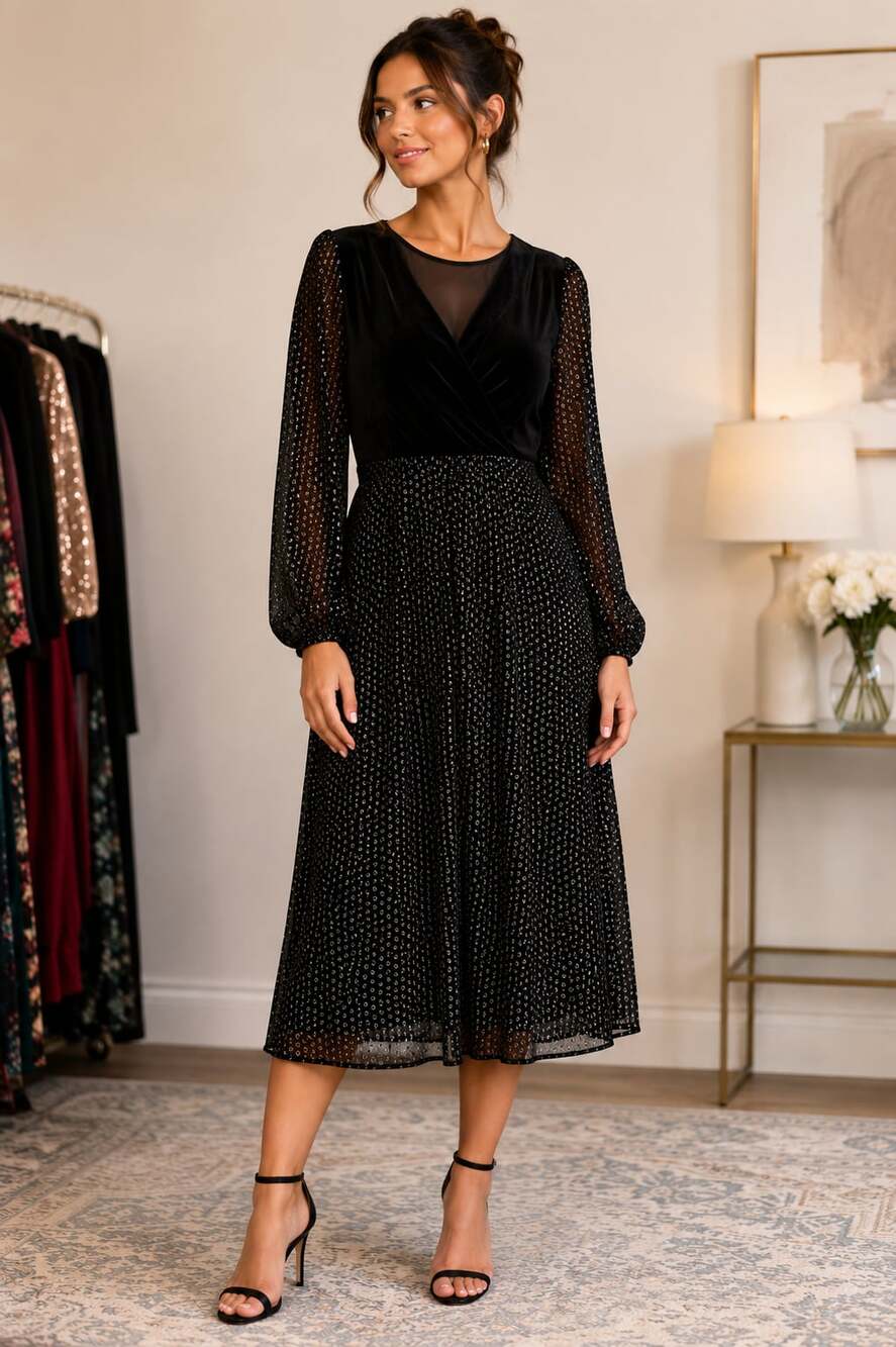 Shoshanna Black Velvet and Metallic Spot Pleated Midi Dress